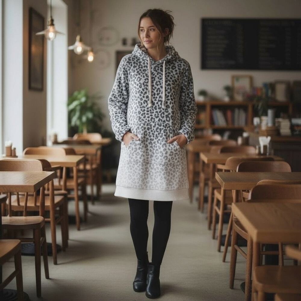 Wildfox Gray Leopard Print Fuzzy Hoodie Dress L/XL Cozy Lounge Sweatshirt Tunic